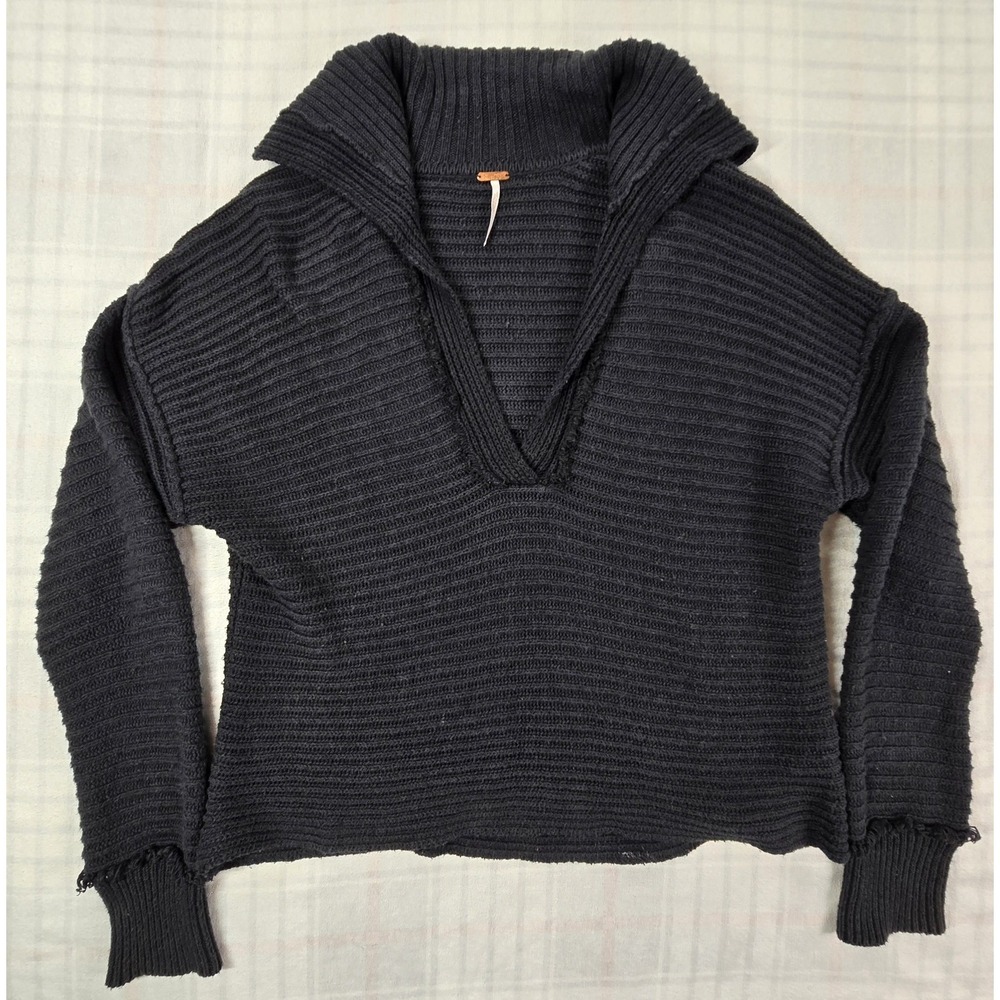 Free People Marlie Collared Pullover Sweater Fringe Trim Washed Black XS